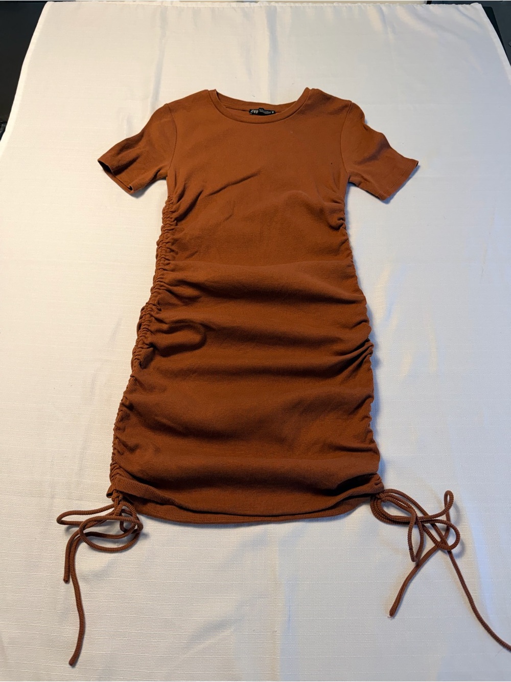 Zara Rust Short-Sleeve Ruched Mini Dress - Picture 2 of 7